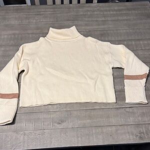 Cream Ribbed Turtleneck Crop Sweater with Tan Stripes on Sleeves